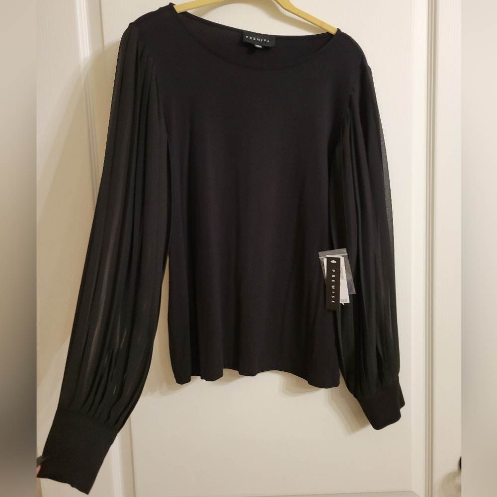 NWT Black blouse with sheer pleated sleeves, size Large